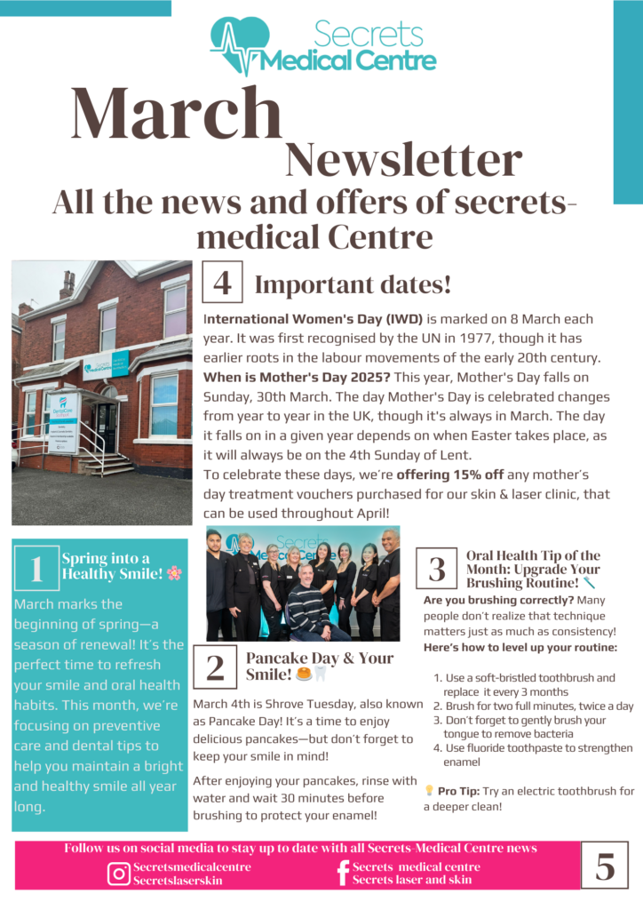 March Newsletter cover of Secrets Medical Centre with health updates and announcements.